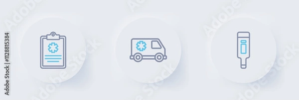 Fototapeta Set line Digital thermometer, Emergency car and Clinical record icon. Vector
