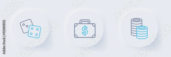 Obraz Set line Casino chips, Briefcase and money and Game dice icon. Vector