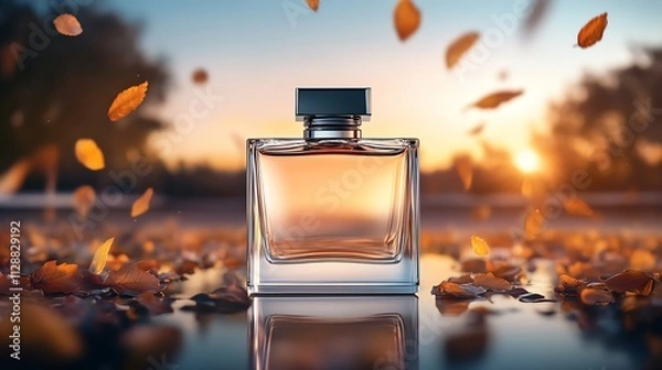 Fototapeta A luxurious fragrance bottle glowing against a backdrop of twilight skies and falling leaves