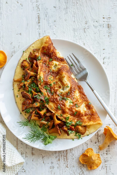 Fototapeta omelette with fried chanterelle mushrooms