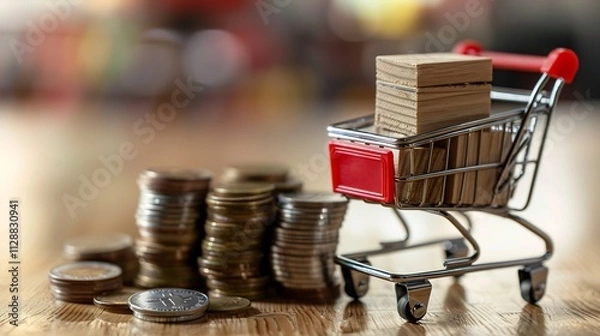 Fototapeta Shopping Cart with Wooden Block and Coins: A Visual Metaphor for Cost of Goods