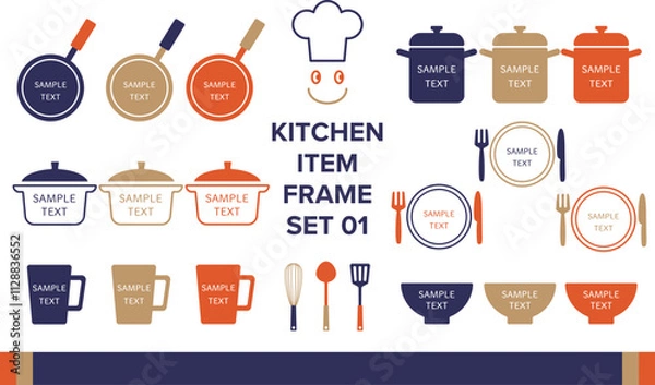 Fototapeta キッチンアイテムフレーム01　紺　茶色　オレンジ