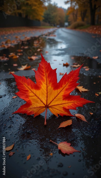 Fototapeta Fallen Autumn Maple Leaf In Rain Puddle With Reflective Surface Against Blurred Forest Background
