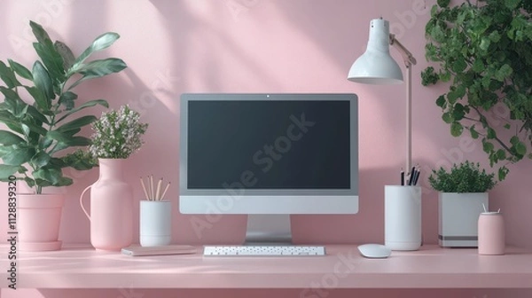 Fototapeta Pink Desk Workspace Setup Computer Plants Minimalist Design