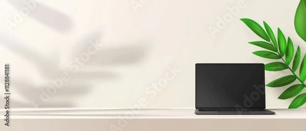Fototapeta Modern workspace with minimalistic laptop design, vibrant leaves and soft shadows on a light background