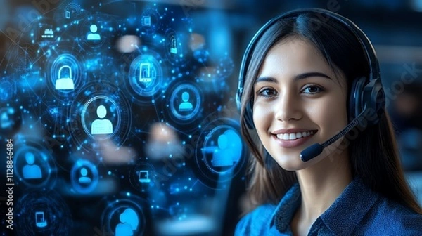Obraz Aerial view of a bustling customer service team selective focus on teamwork realistic Multilayer with communication flow