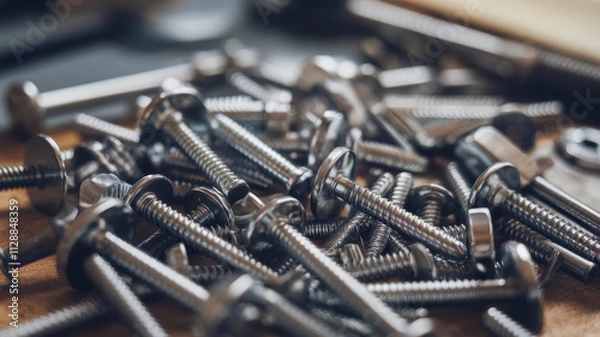 Fototapeta A beautifully detailed collection of various metal screws and bolts, showcasing their intricate designs and reflections in soft natural lighting.