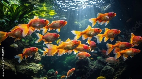 Fototapeta Underwater Scene with Colorful Goldfish Swimming Gracefully in a Lush Aquatic Environment Illuminated by Sunlight Creating a Serene Atmosphere
