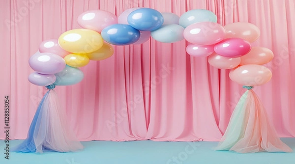 Fototapeta Pastel Pink and Blue Balloons Framing a Blank Square on a Colorful Background Perfect for Party Themes.