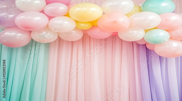 Fototapeta Pastel Pink and Blue Balloons Framing a Blank Square on a Colorful Background Perfect for Party Themes.
