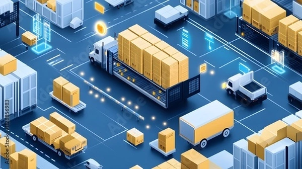 Fototapeta A modern supply chain hub utilizing IoT for visibility and tracking, showcasing digital screens, RFID tags, and optimized logistics processes