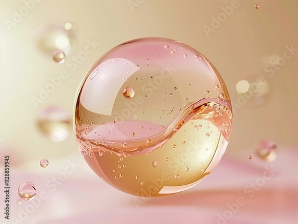 Obraz Golden pink oil bubble with photorealistic details and a glossy finish on background soft gradient of light beige tones