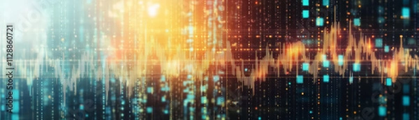 Fototapeta Abstract digital soundwave with vibrant colors, representing data flow and technological rhythm across a network grid. Dynamic visualization of audio frequencies.