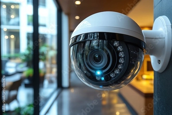 Fototapeta Surveillance camera monitoring a smart home interior in daylight