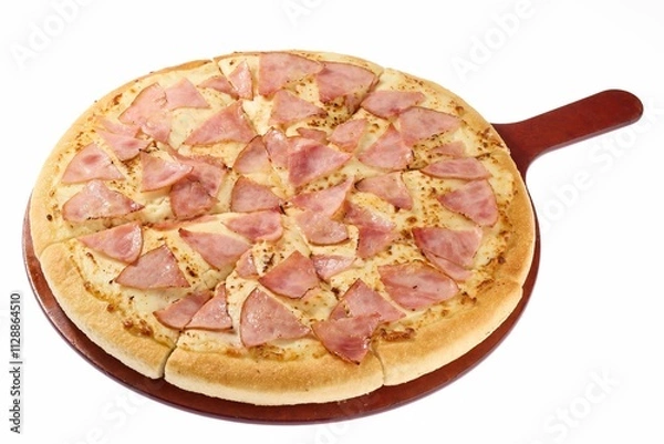 Fototapeta Close-up of a freshly baked ham and cheese pizza with a fluffy crust.