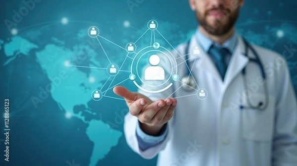 Fototapeta Doctor With Stethoscope and Medical Network Interface on Global Background