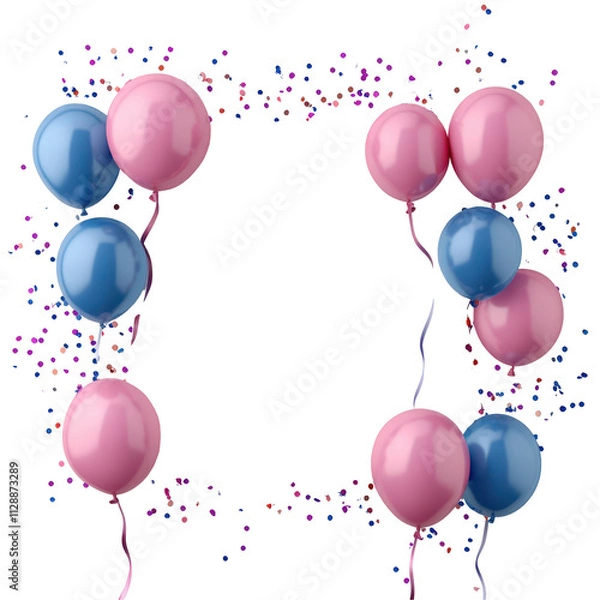 Fototapeta Colorful balloon frame and confetti ribbon illustration on transparent background for 3d rendering with Copy space for text