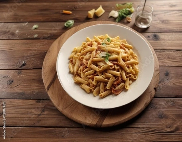 Obraz A steaming plate of pasta on a brown wooden table, table setting, plate on table, italian cuisine