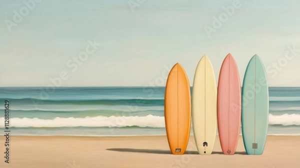 Fototapeta Four colorful surfboards stand upright in the sand by the ocean, with gentle waves and a clear sky in the background.