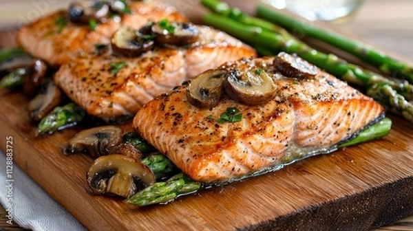 Obraz Grilled Salmon Fillet with Asparagus and Mushrooms on Wooden Board