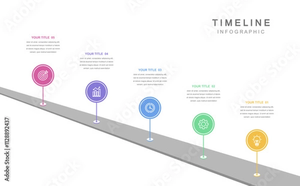Fototapeta Business road map timeline infographic concept. with icons and 5 options, Corporate milestones graphic elements. workflow layout, diagram, report, web design. Creative, vector