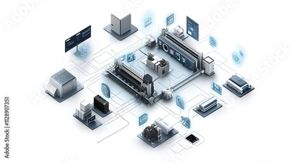 Fototapeta A diagram illustrating the integration of digital twins with IoT technologies, showing interconnected devices and their enhanced monitoring and control capabilities