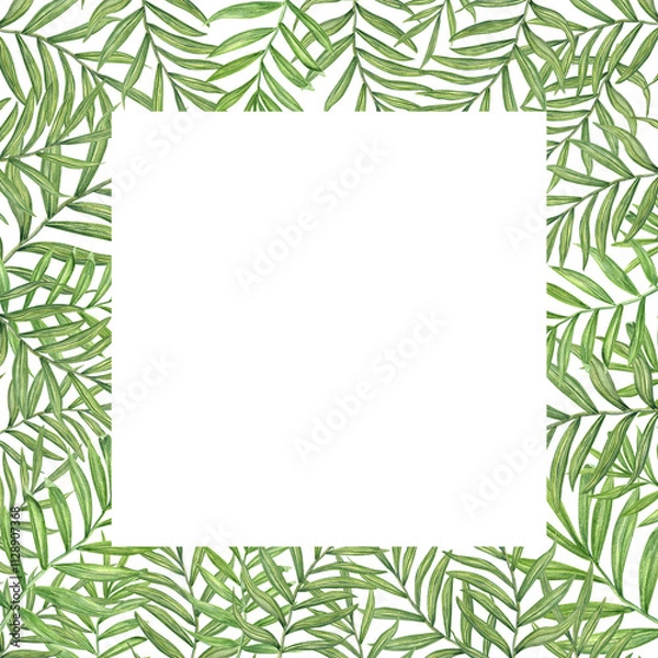Fototapeta Palm leaves watercolor frame with empty space for text. Tropical jungle green lush foliage summertime illustration. Floral template for greeting card, wedding invitation, label design