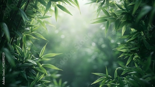 Fototapeta Misty bamboo forest creates serene oriental atmosphere with fresh green leaves, dappled sunlight filtering through dense stalks in peaceful natural composition with morning fog.