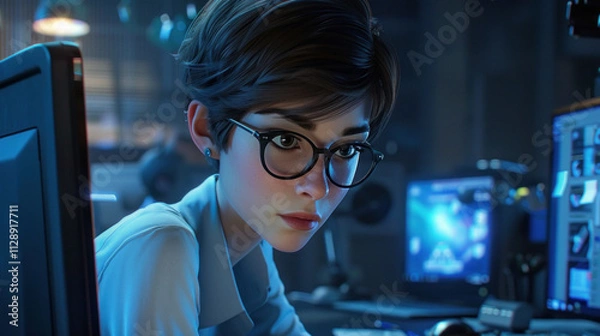 Obraz short-haired office lady wearing glasses in the digital age works smartly at a computer.