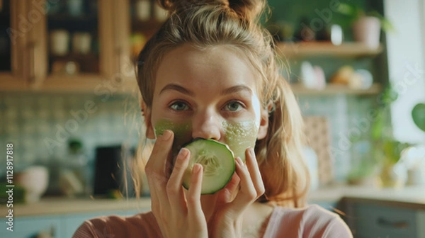 Obraz Young woman is applying cucumber face mask for smooth and healthy skin. Take care of yourself and look young