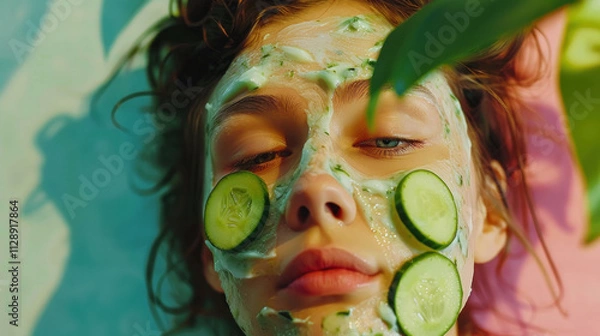 Obraz Young woman is applying cucumber face mask for smooth and healthy skin. Take care of yourself and look young
