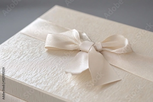 Fototapeta A medium close-up of a premium corporate gift box in neutral beige and gray tones, elegant ribbon, minimalist design, soft lighting, studio background 5