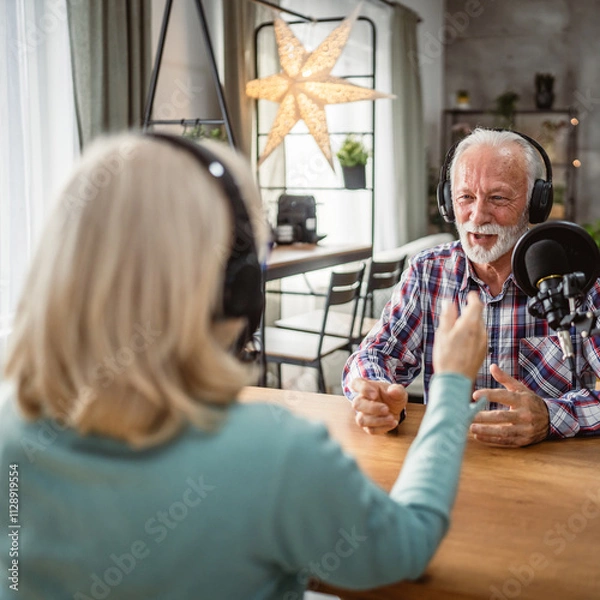 Fototapeta senior man host interviewer woman guest questions while record podcast
