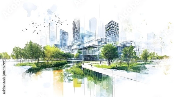 Fototapeta A conceptual design of regenerative design principles, highlighting systems that restore and replenish natural resources, integrated into a modern urban environment