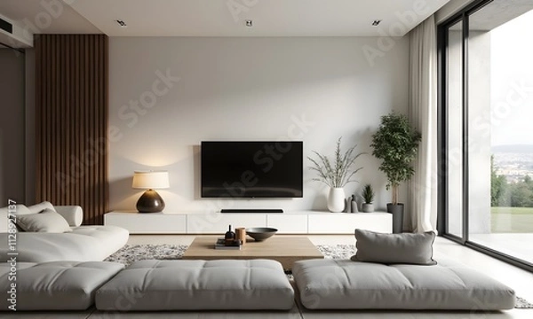 Fototapeta Modern living room interior with sofa, table, lamp, and TV in a luxurious and comfortable apartment setting, Generative AI