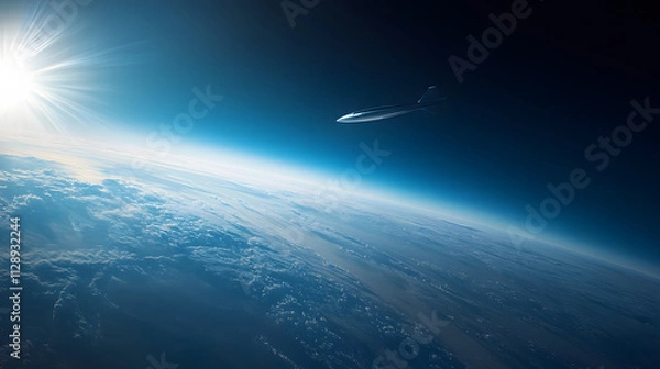Fototapeta A futuristic supersonic aircraft cruising at the edge of Earths atmosphere the curvature visible below.