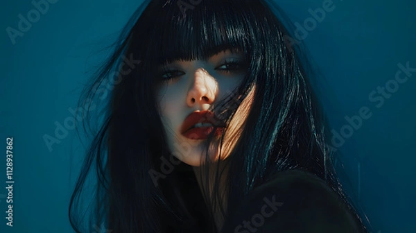 Obraz A high-fashion editorial featuring long jet-black hair styled with blunt bangs.