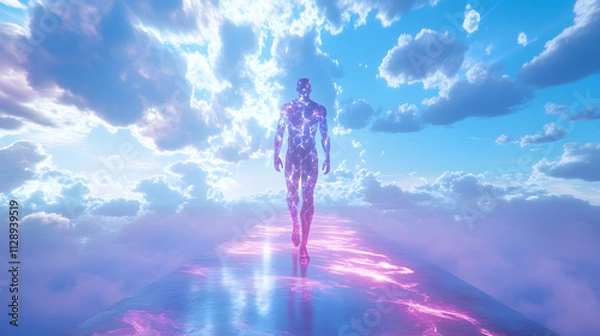 Fototapeta A humanoid covered in shifting liquid-like holographic patterns walking on a levitating pathway in a sky of endless storms.