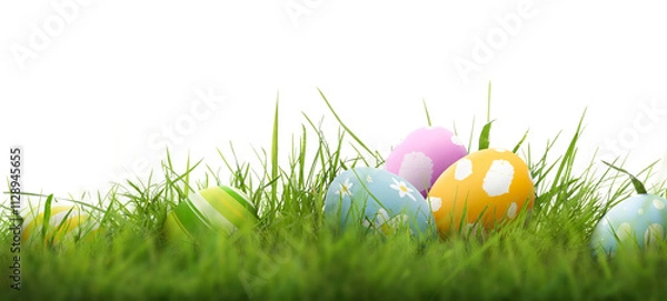 Obraz A collection of 6 painted easter eggs celebrating a Happy Easter with green grass and blurred green grass foreground and isolated against a transparent background template.