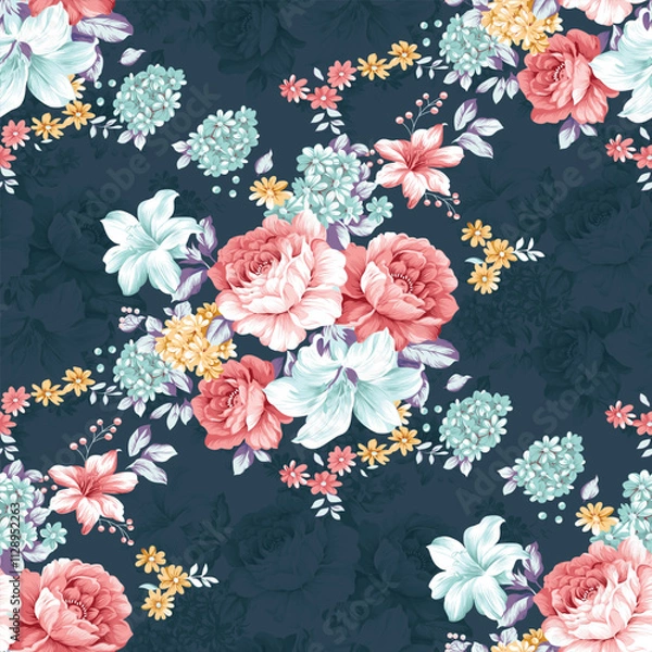 Fototapeta Allover multi motif ornament Seamless pattern with watercolor flowers repeat  texture,seamless pattern use it for filling any contours