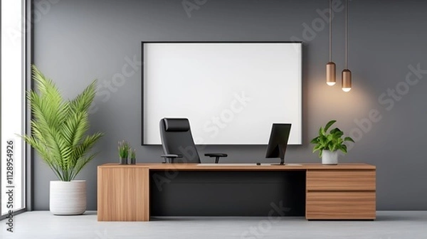 Fototapeta Modern office design with a clean desk layout, natural lighting, and professional furnishings, 3D rendering