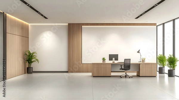 Fototapeta Modern workspace showcasing a clutter-free desk, minimal decor, and a professional atmosphere, 3D rendering