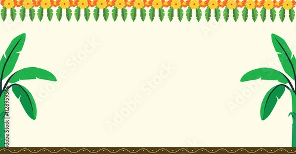 Obraz Ugadi new year decorative background with space for text massage, ugadi and sankranthi other Indian festival empty background with banana tree and decorative elements with empty space 