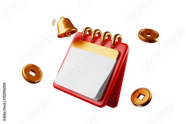 Fototapeta 3D rendering, Chinese New Year red calendar floating in mid-air, with golden coins and golden bells around it. 3D rendering.