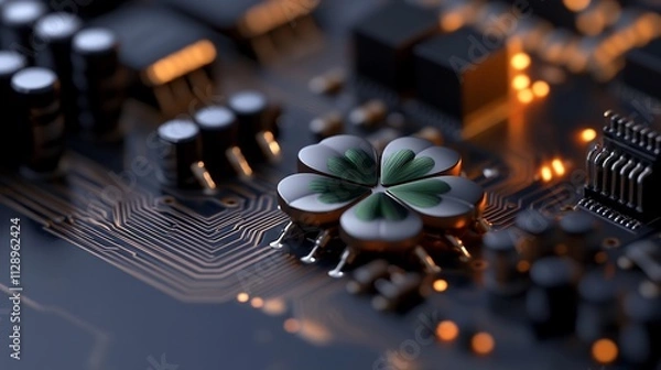 Fototapeta Lucky Charm on Circuit Board: A Digital Four-Leaf Clover