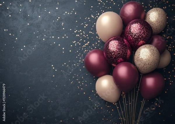 Fototapeta Elegant cluster of burgundy, gold, and blush balloons with sparkling accents, scattered confetti on a dark background for a glamorous celebration