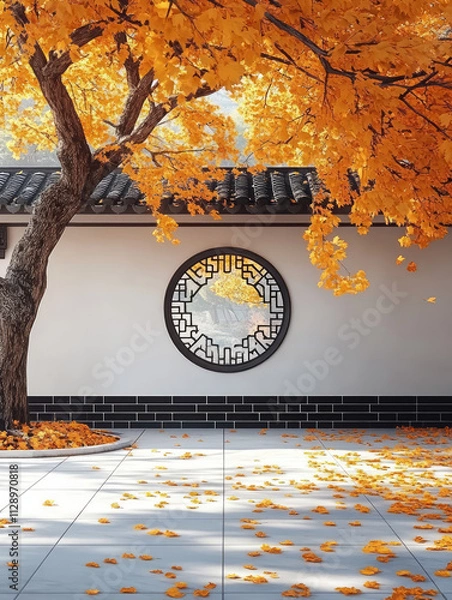 Obraz Minimalist Chinese classical garden architecture courtyard ground and autumn leaves