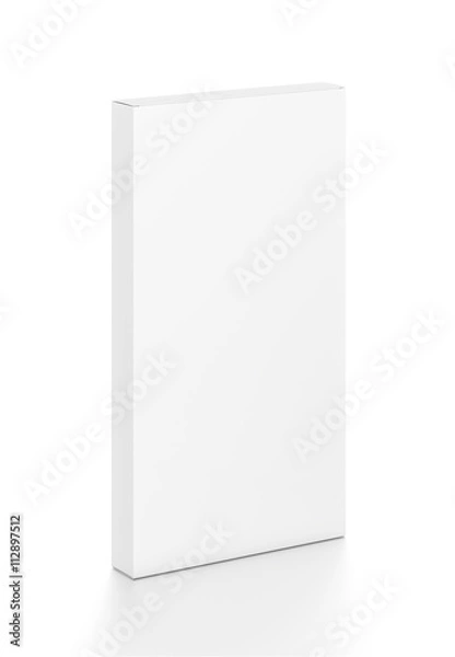 Fototapeta White tall thin vertical rectangle blank box from top front side angle. 3D illustration isolated on white background.