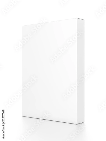 Fototapeta White thin vertical rectangle blank box from side angle. 3D illustration isolated on white background.