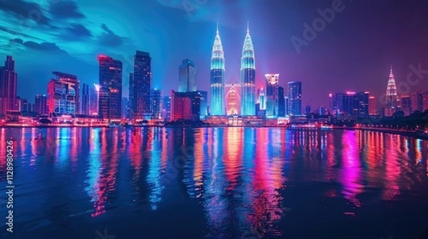 Fototapeta Vibrant city skyline at twilight, illuminated skyscrapers reflected in calm water.